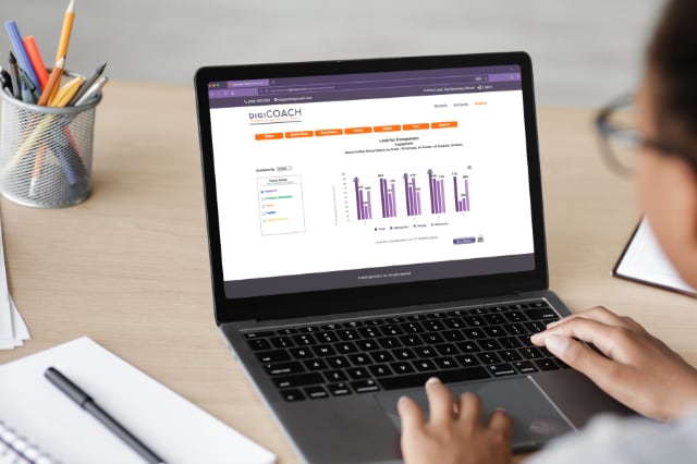 A woman accesses her digiCOACH data on a laptop. A comparison report is shown making it easy to identfy trends across grade levels, subject areas, and school sites.