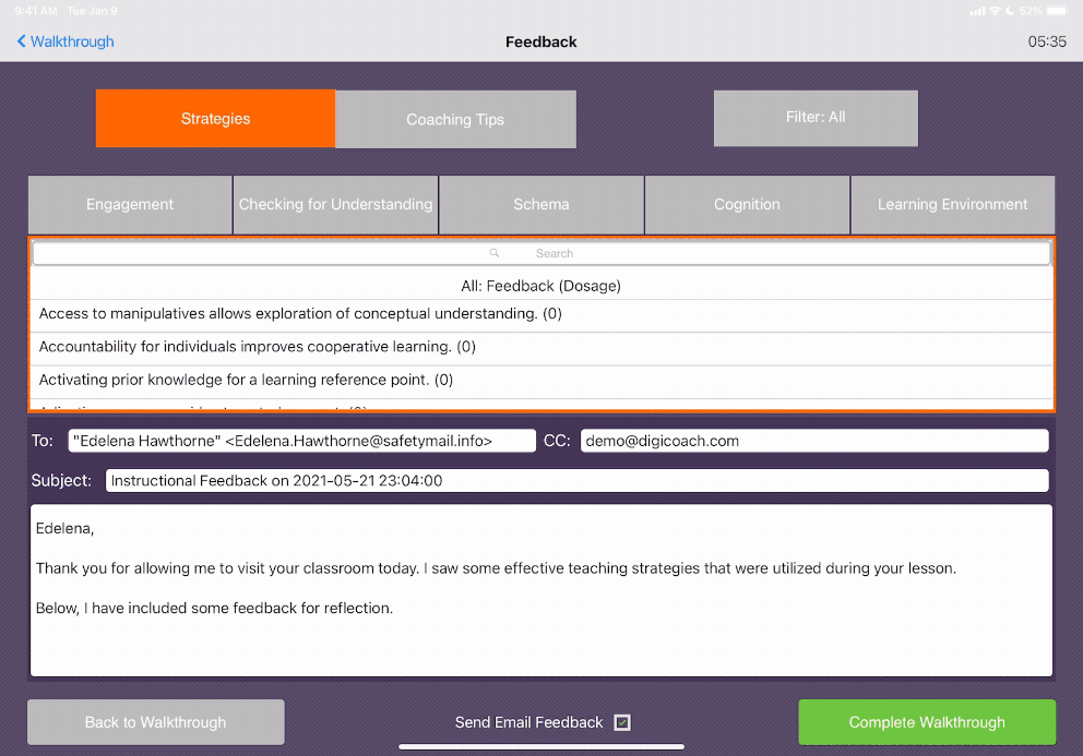 Example of the digiCOACH coaching platform features